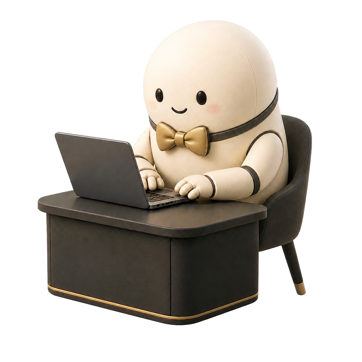 Petit assistant IA amical installé à son bureau et travaillant sur un ordinateur